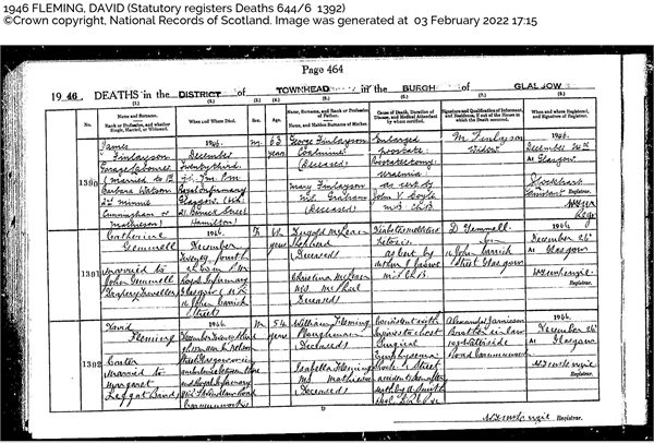 David Fleming Death Certificate 1946