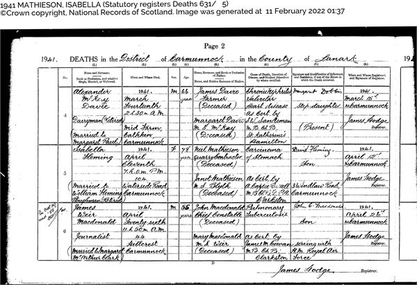 Isabella Fleming nee Mathieson. Death Certificate 1941