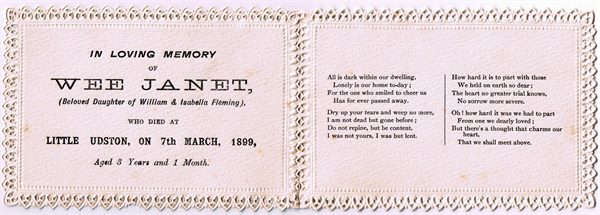 Memorial card for Janet Fleming 1899