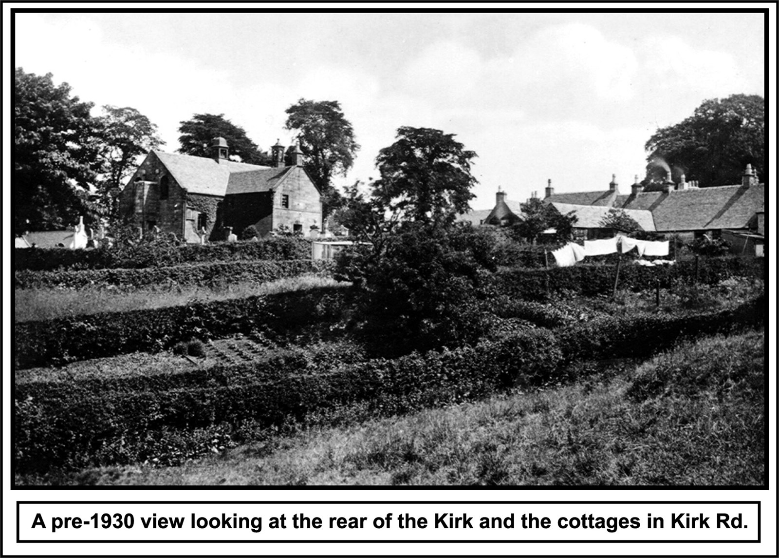View of the Kirk and rear of Kirk Rd. cottages.