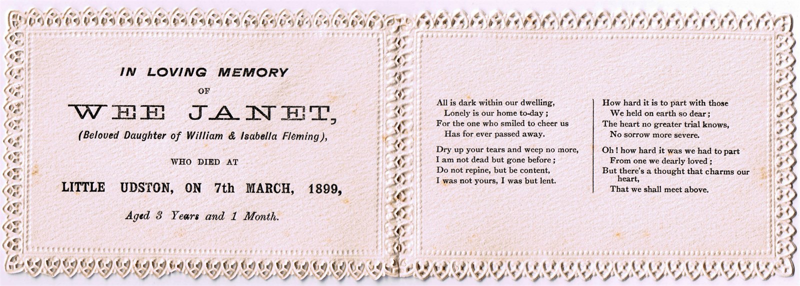 Memorial card for Janet Fleming 1899