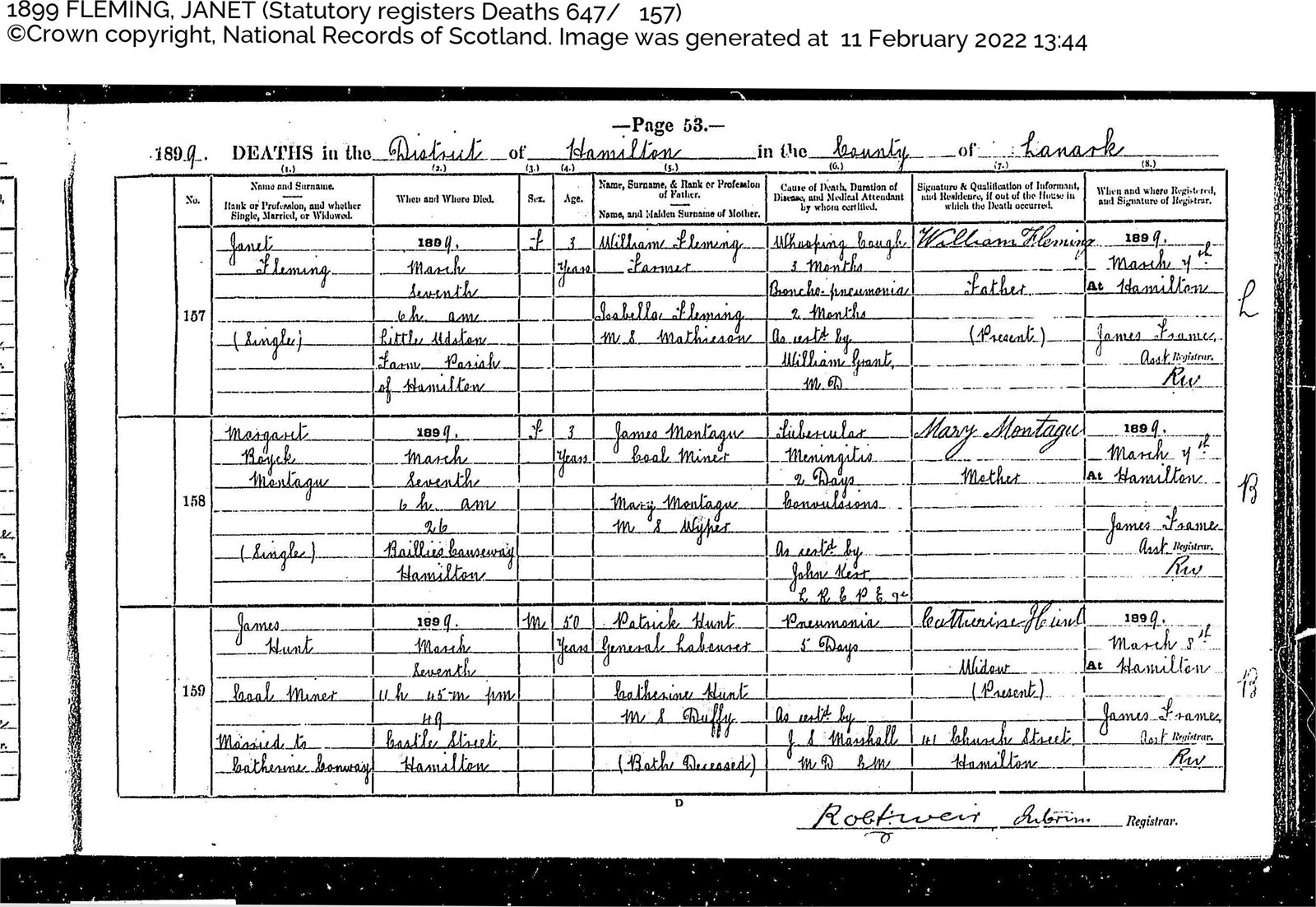 Janet Fleming Death Certificate 1899